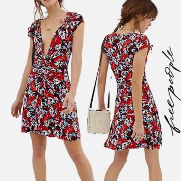 Free People red floral key to your heart v-neck mini dress M - Picture 1 of 9